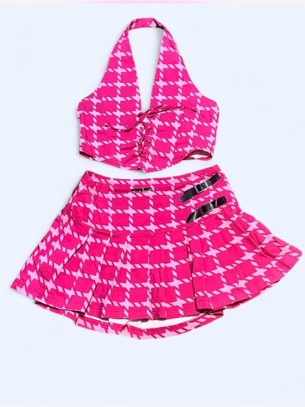 like an angel Pink Houndstooth Lace-Up Halter Top